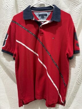 Tommy Hilfiger Red Polo with Navy Contrast Collar and Trim